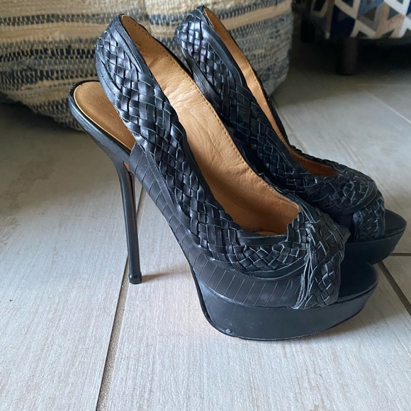 L.A.M.B. Slingback, open toe, leather stiletto size 7M black 6” heels 1” platfor - Picture 2 of 11